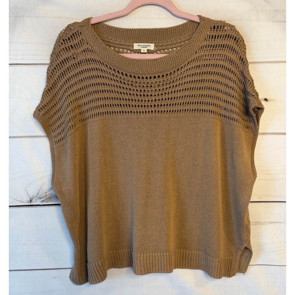 Max Studio London Tan Crochet Knit Sweater Vest Cap Sleeve Brown Womens S